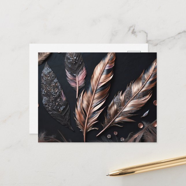 Carte Postale Plumes décoratives roses et noires (Devant/Arrière en situation)