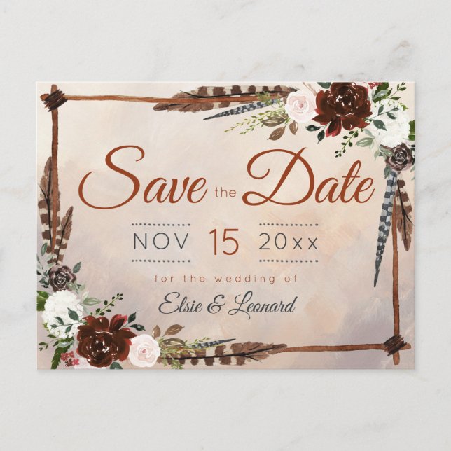 Carte Postale Plumes rustiques de bois et fleurs florales (Devant)