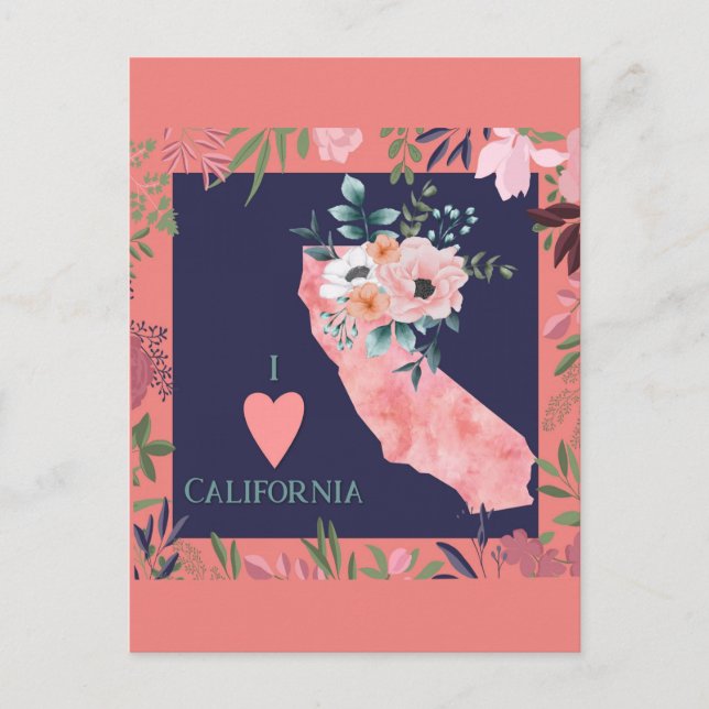 Carte Postale Plutôt Floral I Love California State Map (Devant)