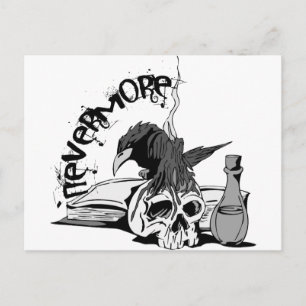 Carte Postale Poe Nevermore Corbeau Crâne & Livre