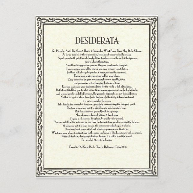 Carte Postale Poème de Desiderata par Max Ehrmann (Devant)