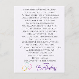 Carte Postale Poème drôle pour l'anniversaire de maman