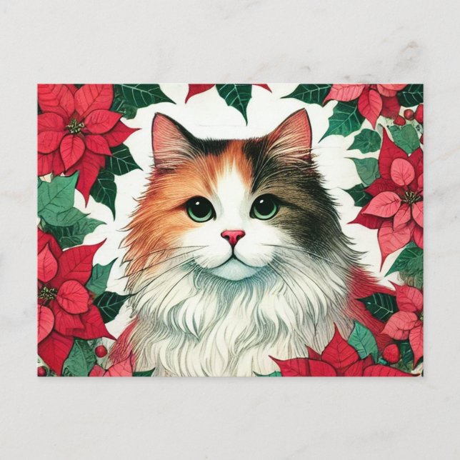 Carte Postale Poinsettia Calico Cat Noël (Devant)