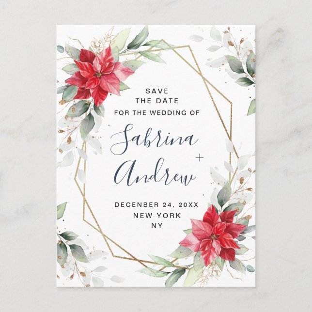 Carte Postale Poinsettia Winter Greenery Wedding Enregistrer la  (Devant)