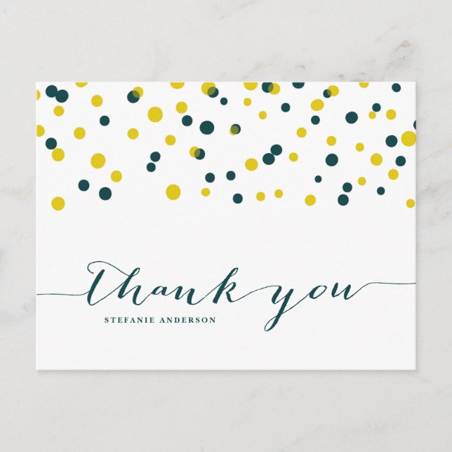 Carte Postale Points Confetti turquoises et jaunes Merci moderne (Devant)