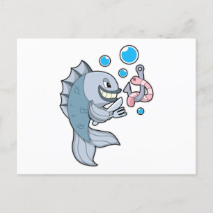Carte Postale Poisson avec hameçon et ver de poisson