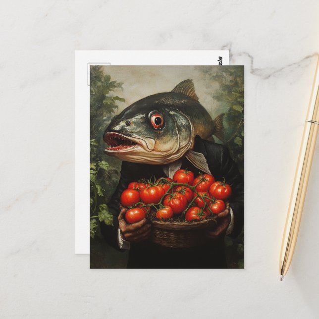 Carte Postale Poisson avec panier rempli de tomates (Devant/Arrière en situation)