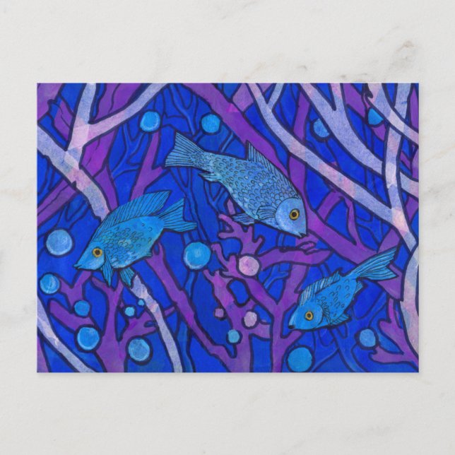 Carte Postale Poisson bleu dans l'algue, Collage de papier d'art (Devant)