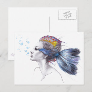 Carte Postale Poisson Femme Portrait de sirène Dessin surréalist