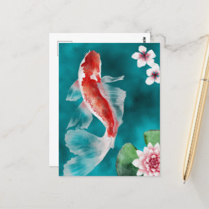 Carte Postale Poisson Koi japonais, fleurs de cerisiers Japon