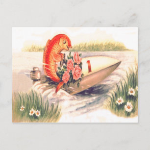 Carte Postale Poisson rouge bateau fleur rose marguerite