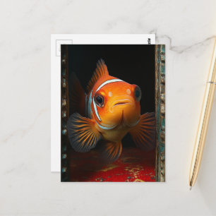 Carte Postale Poisson rouge dans une boîte bleue sur un oreiller