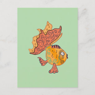 Carte Postale Poisson rouge fantaisiste d'art folklorique Fant