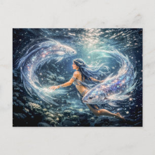 Carte Postale Poissons Zodiaque avec femme entourée de deux bril