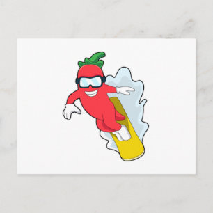 Carte Postale Poivron au snowboard avec snowboard