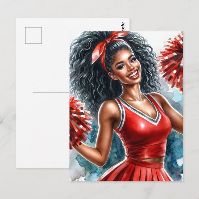 Carte Postale Pom-pom girl Noir En Aquarelle Rouge (Devant / Derrière)