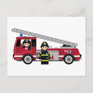 Carte Postale Pompier à caricature mignonne et moteur incendie