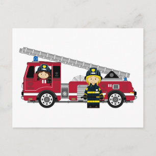 Carte Postale Pompier à caricature mignonne et moteur incendie