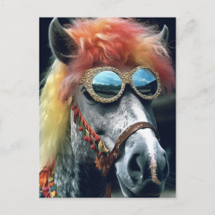 Carte Postale Poney avec cheveux de clown et lunettes
