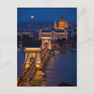 Carte Postale Pont à chaîne et Pleine lune à la nuit