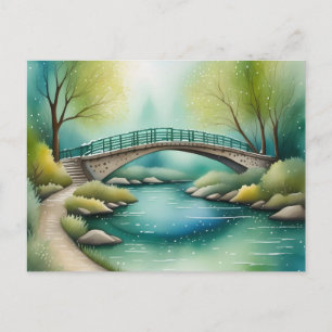 Carte Postale Pont au-dessus d'une peinture à l'aquarelle de riv