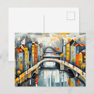 Carte Postale Pont Cubiste enneigé sur une ville réfléchie