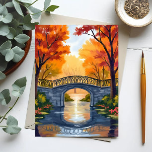 Carte Postale Pont du parc d'automne   Aquarelle de feuillage d'