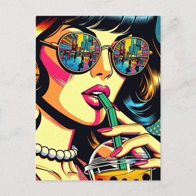 Carte Postale Pop Art Comic Livre Jolie femme Boire Boba (Devant)