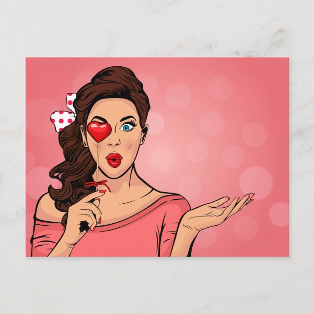 Carte Postale Pop Art Lady Heart Lollipop Valentine (Devant)