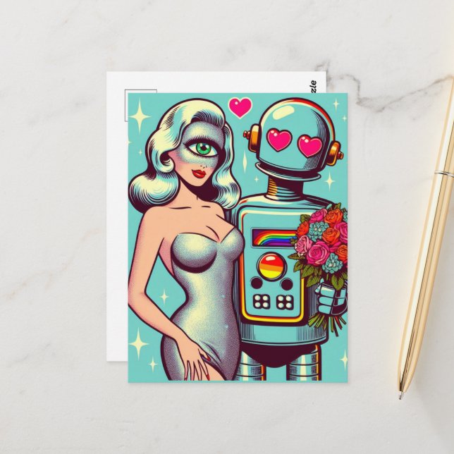 Carte Postale Pop Art Robot et femme Alien dans l'amour (Devant/Arrière en situation)
