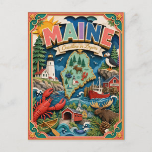 Carte Postale PopCut États Maine Art en Papier Coloré 3D