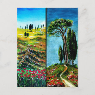 CARTE POSTALE POPIES, CYPRESS ET PINS MÉDITERRANIEN EN TOSCANE