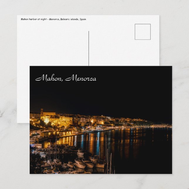 Carte Postale Port de Mahon la nuit - Minorque, Espagne (Devant / Derrière)