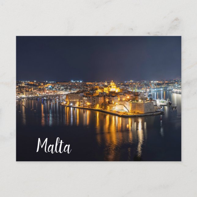 Carte Postale Port de Malte illuminé la nuit (Devant)