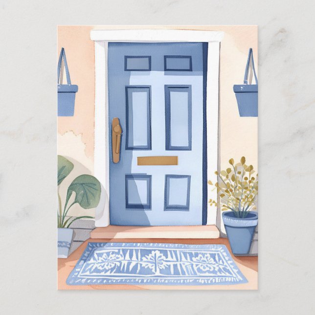 Carte Postale Porte avant bleue | Peinture aquarelle nouvelle ma (Devant)