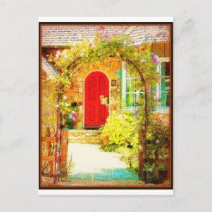 Carte Postale Porte rouge avec porte fleurie