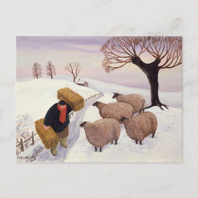 Carte Postale Porter le foin au mouton en hiver (Devant)