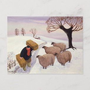 Carte Postale Porter le foin au mouton en hiver