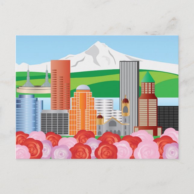Carte Postale Portland Oregon Cityscape avec Mount Hood et Rose (Devant)