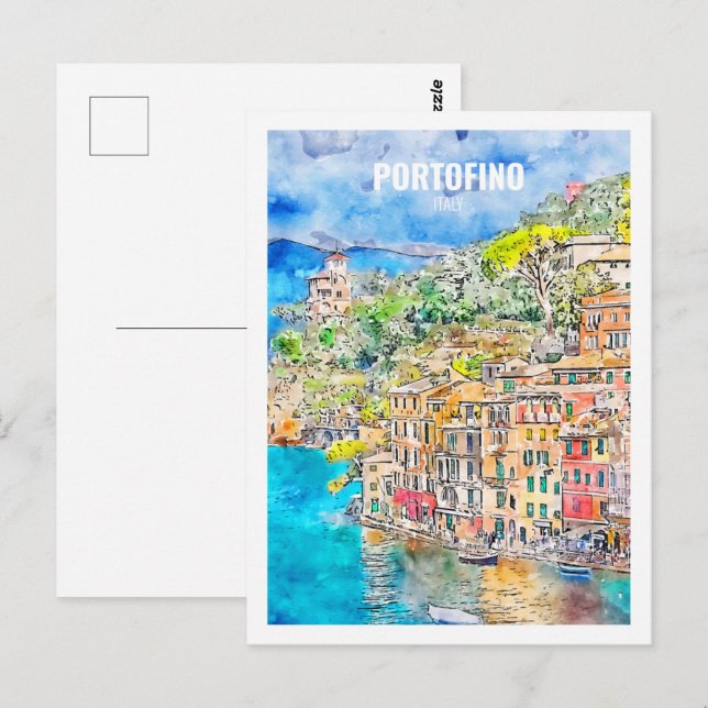 Carte Postale Portofino Italie Célèbre Travel Place Aquarelle (Devant / Derrière)