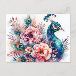 Carte Postale Portrait aquarelliste floral de paon