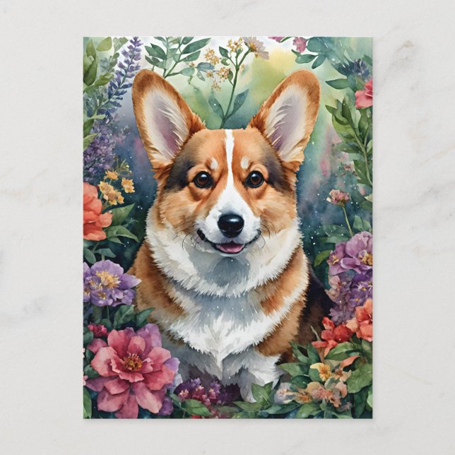Carte Postale Portrait d'aquarelle florale de Corgi (Devant)