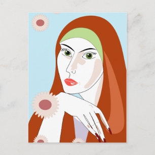 Carte Postale Portrait d'art floral rétro rousse Fashion