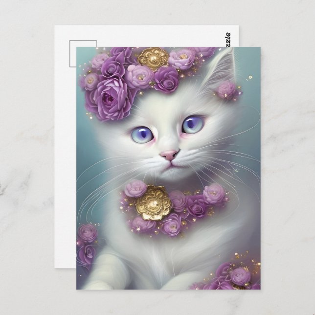 Carte Postale Portrait de chat blanc floral (Devant / Derrière)