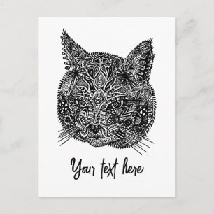 Carte Postale Portrait de chat ornemental noir et blanc