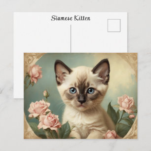 Carte Postale Portrait de joli chaton siamois vintage fleurs dou