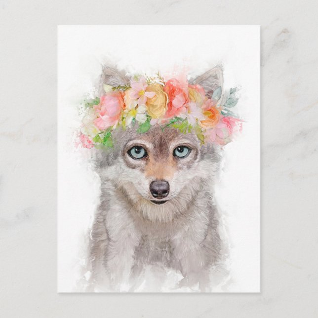 Carte Postale Portrait de louveteau avec couronne de fleurs (Devant)
