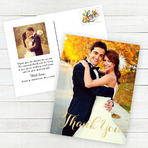 Carte Postale Portrait de photo de mariage remerciement en or Fl