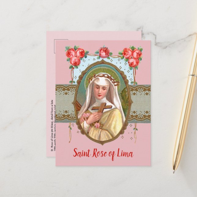 Carte Postale Portrait de Sainte Rose parée de roses (M 024a) (Devant/Arrière en situation)