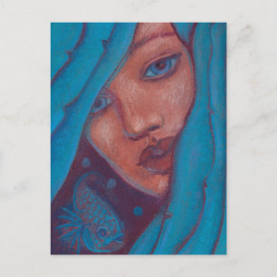 Carte Postale Portrait de sirène de cheveux bleu Imaginaire pein